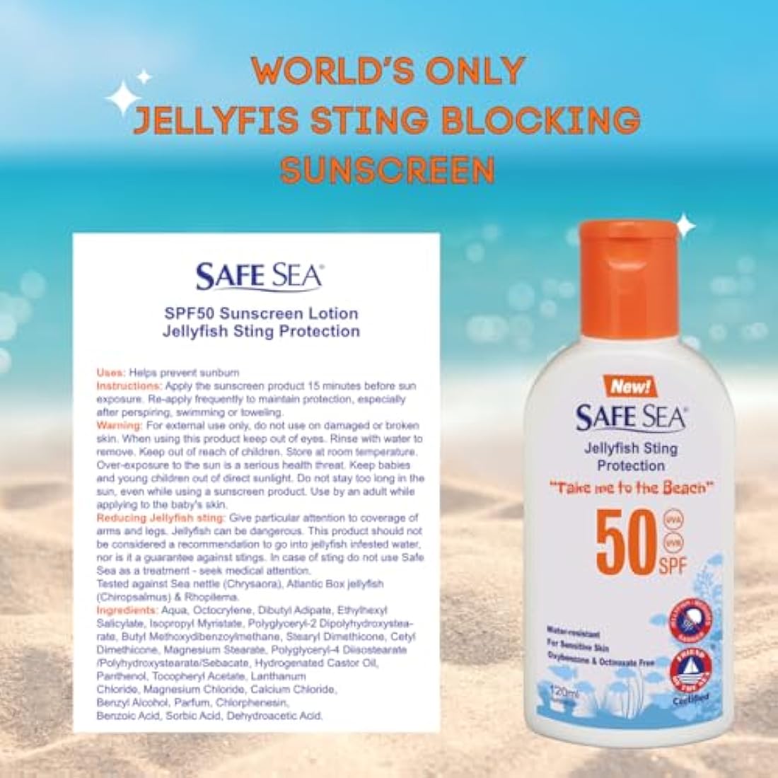 Safe Sea SPF50 Sting Blocking Sunscreen | 120ml Bottle | For Sensitive Skin | Anti Jellyfish Sting Protective Lotion (Pack of 2)