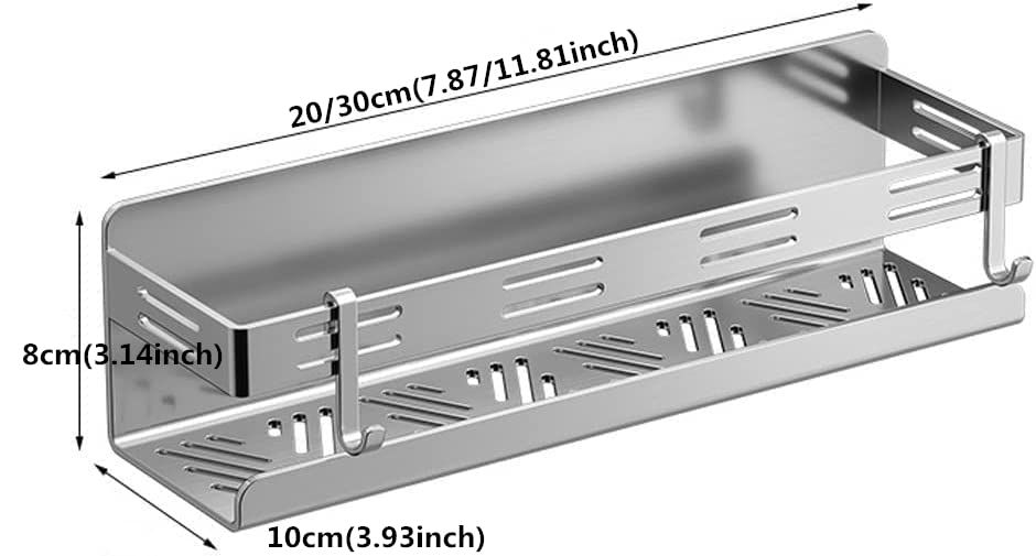 Celbon 30CM Chrome Shower Caddy No Drilling Self Adhesive Stainless Steel Bathroom Shelf Organiser with 2 Hooks Shower Shelf Kitchen Organiser
