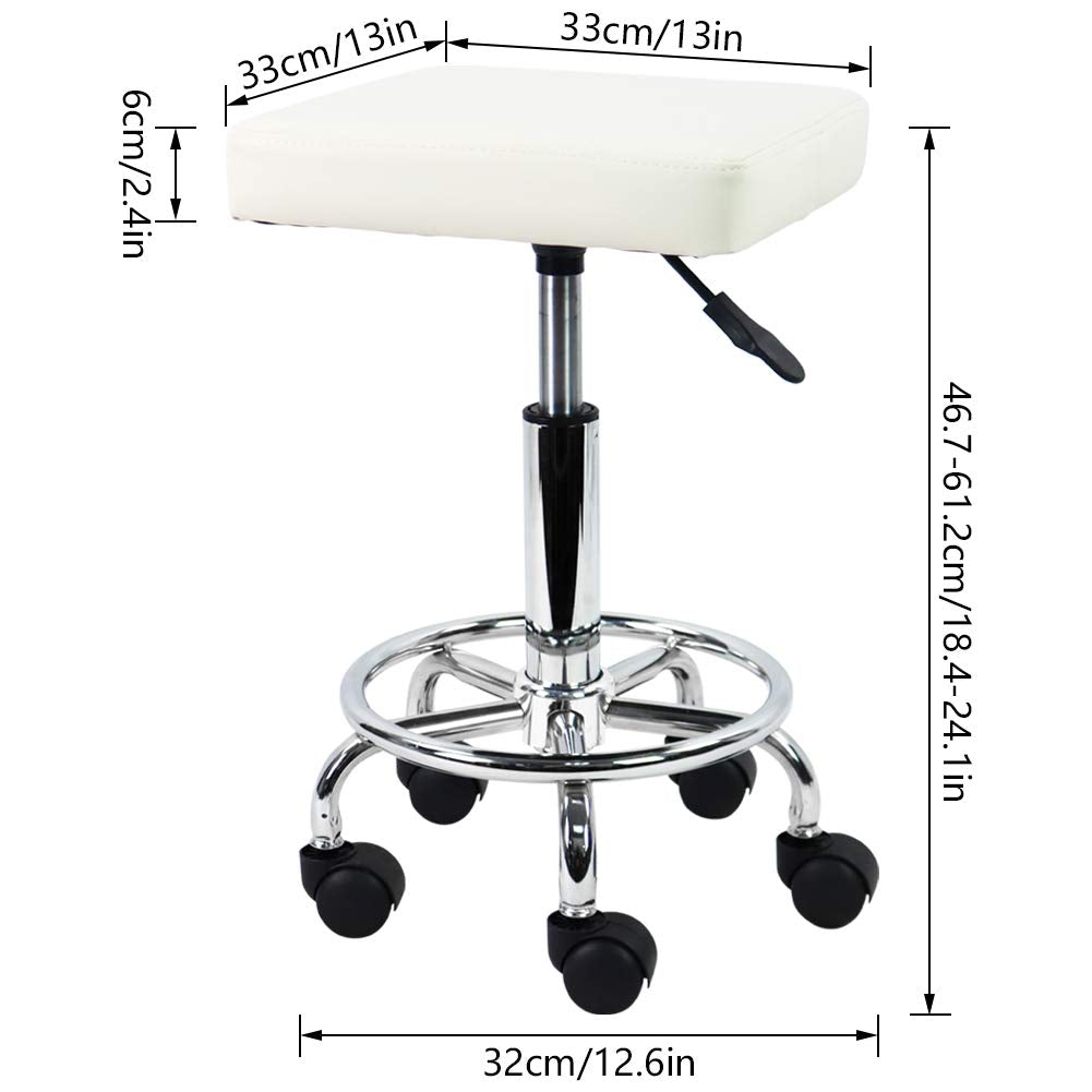 KKTONER Square Rolling Stool with Foot Rest PU Leather Height Adjustable Spa Drafting Salon Tattoo Work Swivel Stools Task Chair Small (White)