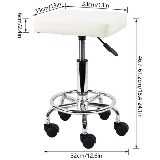 KKTONER Square Rolling Stool with Foot Rest PU Leather Height Adjustable Spa Drafting Salon Tattoo Work Swivel Stools Task Chair Small White