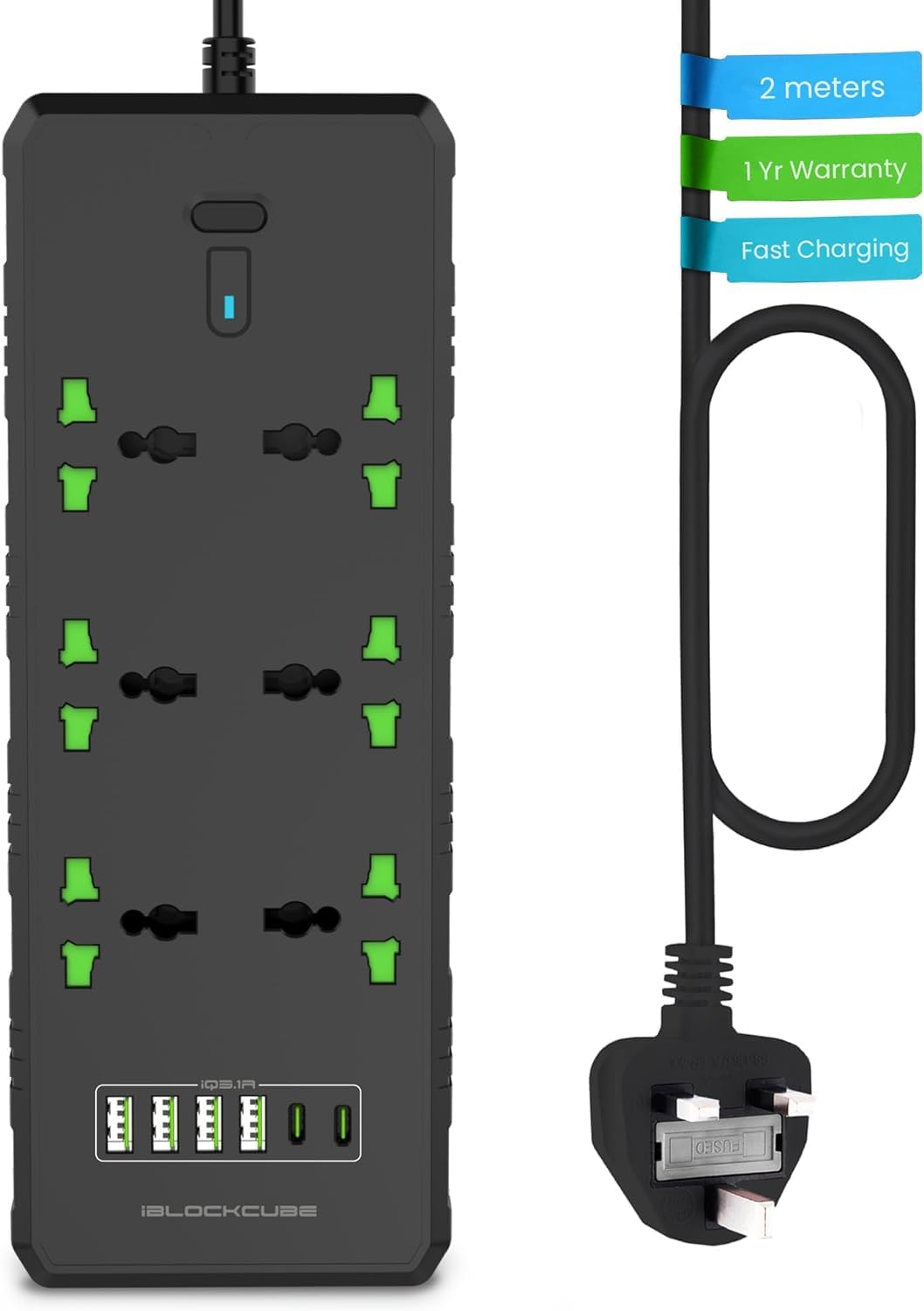 iBlockCube Universal Extension Lead with USB C Ports | Power Strip with Switch, 6 Way Outlets, 6 USB(3.1A, 2 Type C and 4 USB-A Port) | Surge