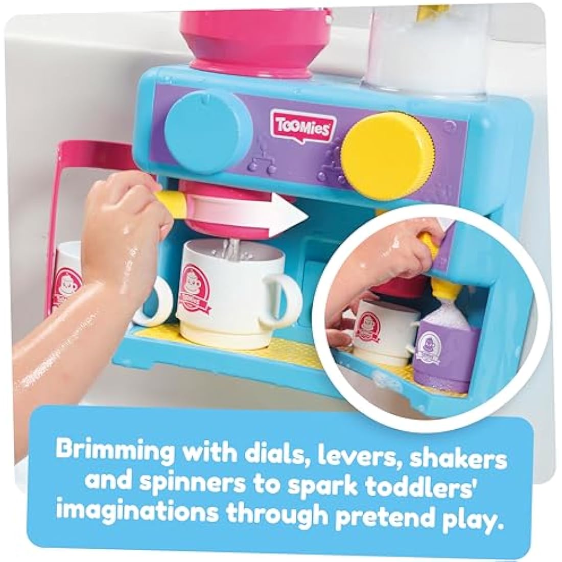 Toomies Bath Barista - Pretend Cafe Baby Bath Toys - Wall Mounted Bubble Bath Play Kitchen Toddler Toys - Kids Kitchen Set Includes 3 Cups, 1 Jug, 1 Shaker - +18 Months Boys Toys & Girls Toys