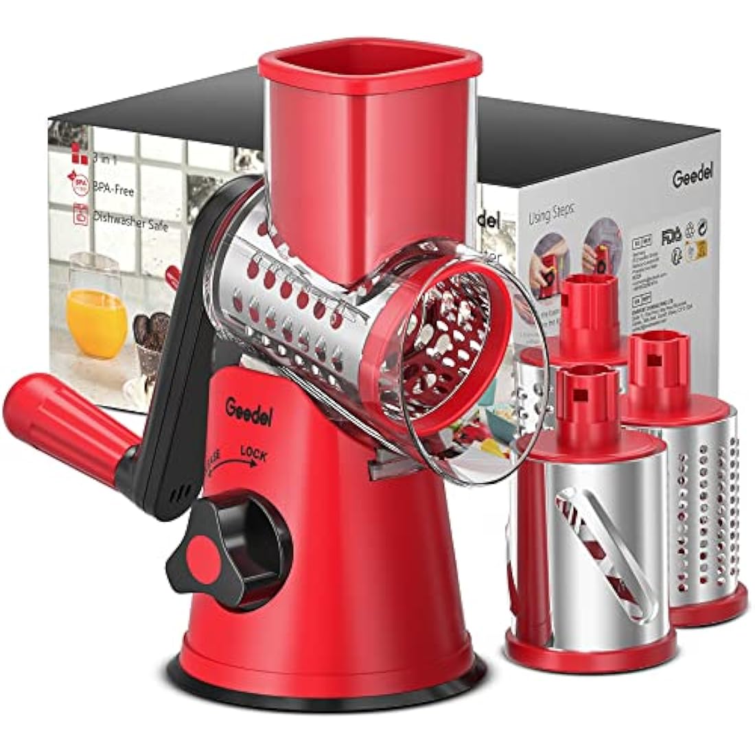 Rotary Cheese Grater, Vegetable Slicer with Three Drum Blades, Grater for Kitchen Faster and Easy Cutting, Rotary Drum Grater Ideal for Cheese, Cucumber, Carrot, Nuts, etc.