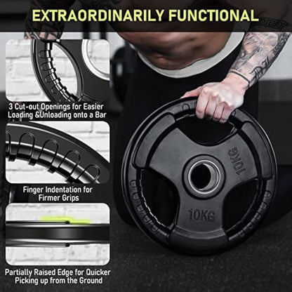 PhysKcal Olympic Weight Plates with Rubber Finish 2’’ Opening and Tri-Grips, Black Barbell Plates Discs for Lifting and Strength Training, Solid Cast Iron Core Weights Set for Barbell, 1.25kg - 20kg
