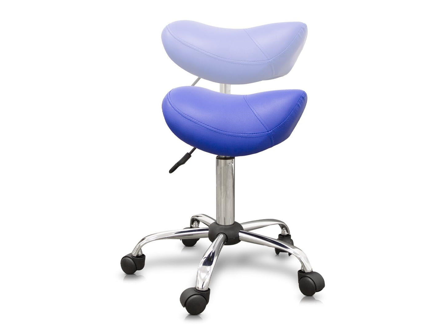 QUIRUMED Ergonomic Pony Stool with Steel Base, Purple, Upholstered in Leatherette, Adjustable Height, Padded Seat, Swivel Wheels, Up to 150 kg