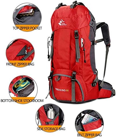 Bseash 60L Waterproof Hiking Camping Backpack with Rain Cover, Lightweight Outdoor Sport Travel Daypack Rucksack for Climbing Skiing