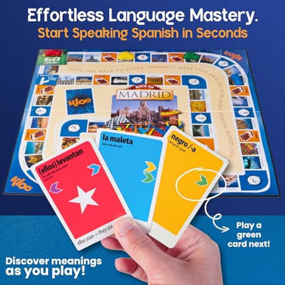 Spanish Board Game – Race to Madrid | Easy to Learn Words, Grammar, Verbs | Fun for Adults, Kids, Beginners, Classroom | 4 Decks Dynamic Flash Cards