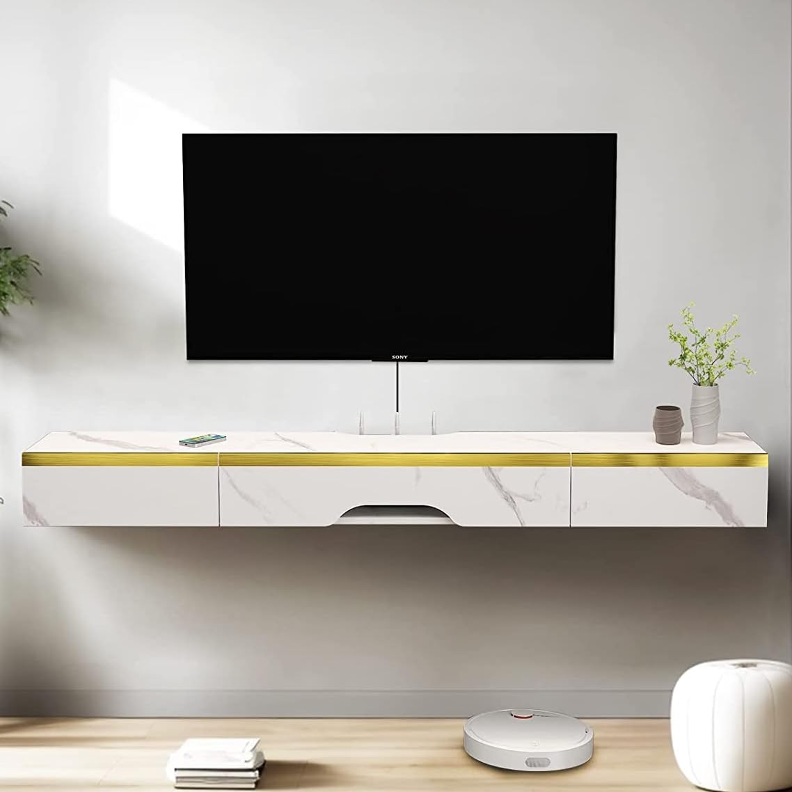 Pmnianhua Floating TV Unit, Wall Mounted TV Cabinet, Floating Shelves with 3 Doors