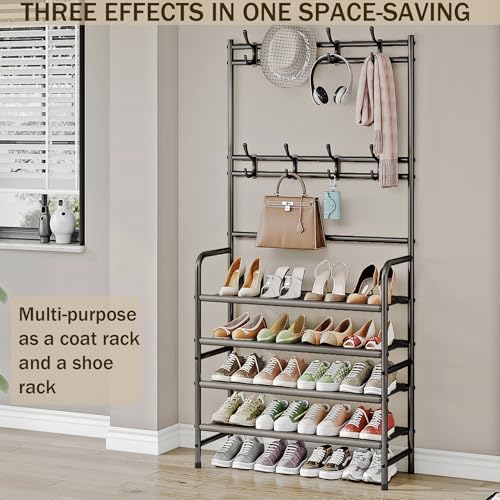Dazioter Coat Rack Shoe Rack With Storage Shelf Freestanding with 8 Hooks for Entryway Bedroom (Brown, 4Tier)