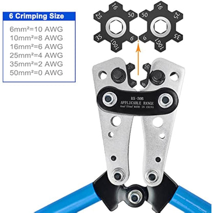 Brileine Battery Cable Crimping Tool Kit from AWG 1/0-8 with 60PCS Copper Ring Terminals 8 Sizes Battery Cable Lug Crimper for Heavy Duty Wire Lugs, Battery Terminal, Copper Lugs(Set Blue)