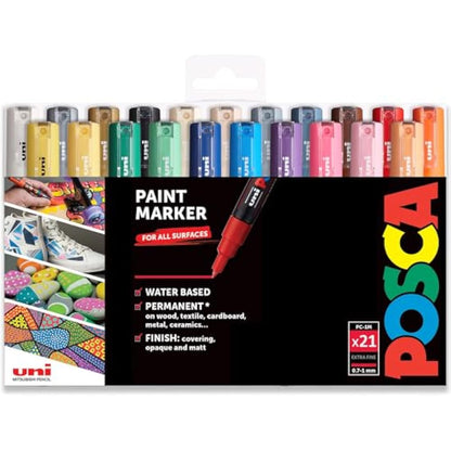Posca Water Based Permanent Marker Paint Pen - Multi Surface Use - PC-1M 0.7-1.0mm Extra Fine - Full Range Set of 21 Colours - In Gift Wallet Packaging