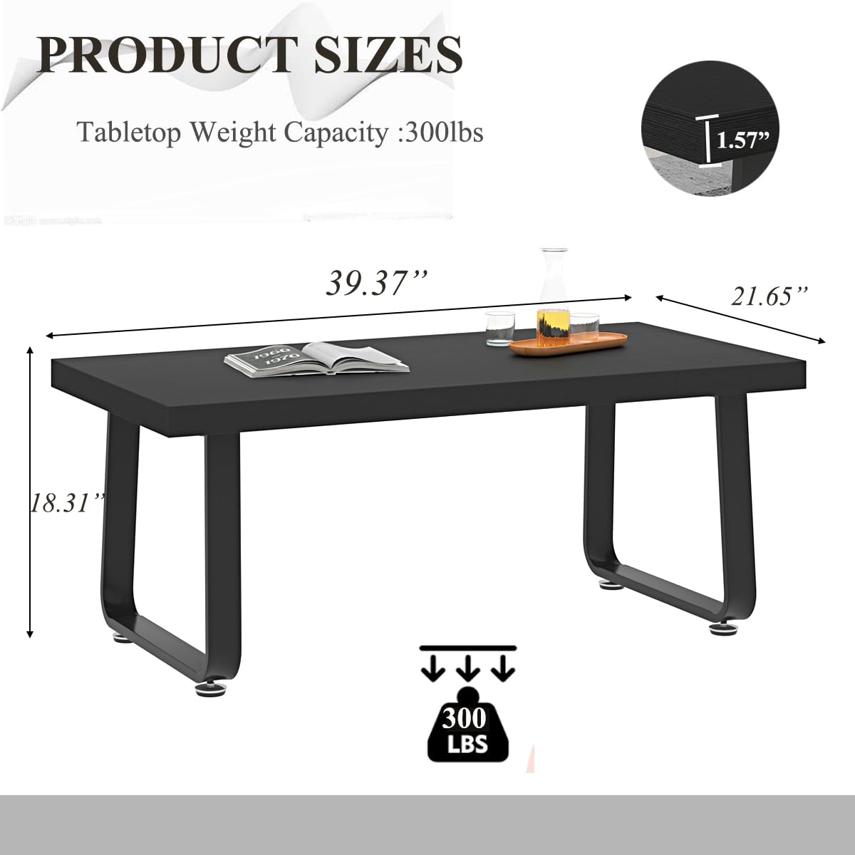 HSH Black Oak Coffee Table, 55D×100W×46.5H cm, Rustic Industrial Wooden Coffee Table for Living Room Bedroom Office