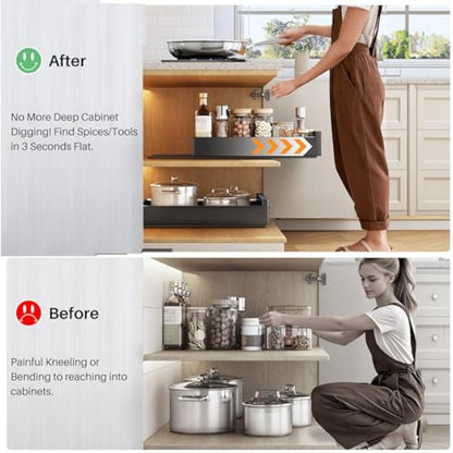 SAYZH Pull Out Cabinet Organiser, Heavy Duty Slide Out Drawer Storage Shelves for Kitchen Cupboard, Extendable Sliding Drawer(43 CM Depth x 25 CM Width x 9CM Height), No Need Drill(Black)