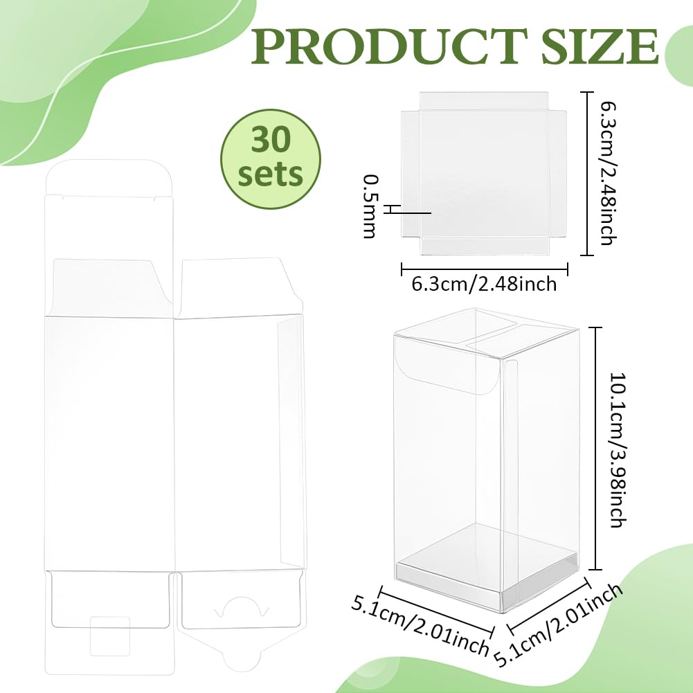 BENECREAT 30 Pcs Clear Gift Boxes, 2x2x4 Inch/5x5x10cm Folding PVC Favor Boxes with Silver Paper Card Base for Wedding Birthday Party Festival Gift
