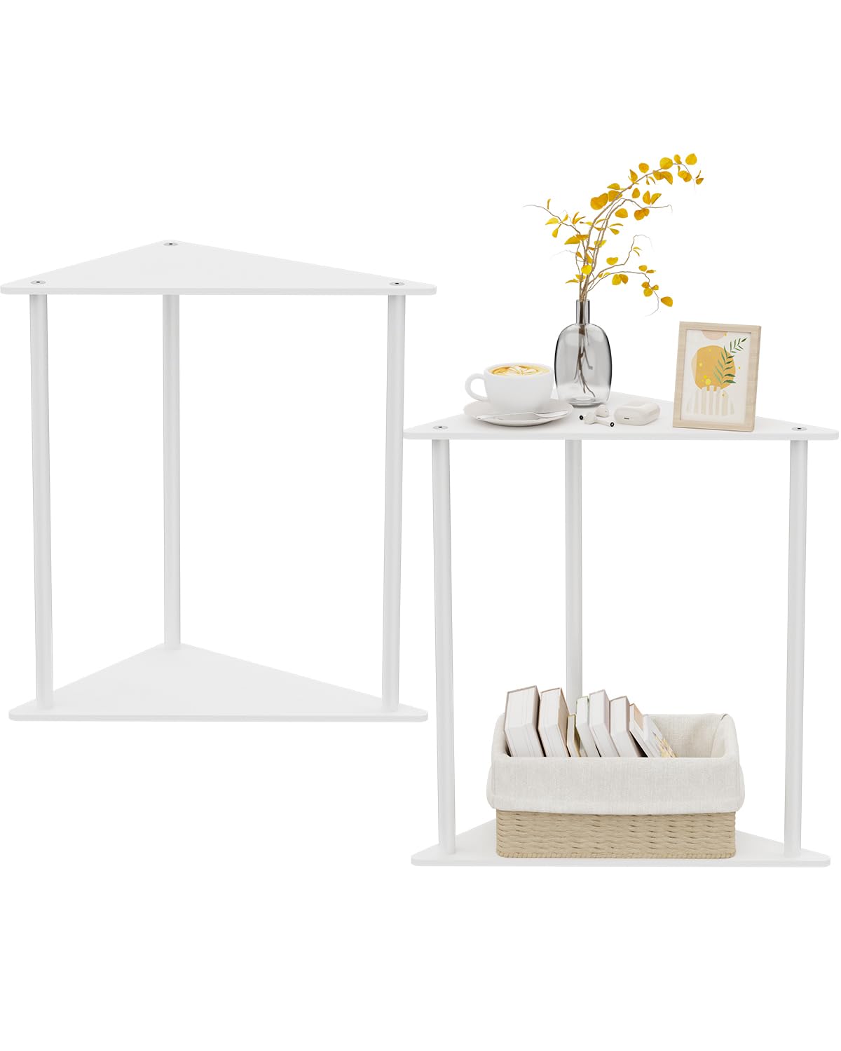 Yawinhe Triangle Metal Side Table,2-Tier Small Corner Table,White,2 Pack