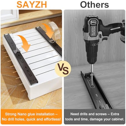 SAYZH Pull Out Cabinet Organiser, Slide Out Drawer Storage Shelves for Kitchen Cupboard, Roll-Out Extendable Sliding Drawer, (43 CM Depth x 25 CM Width x 9CM Height), No Need Drill and Nailing (White)