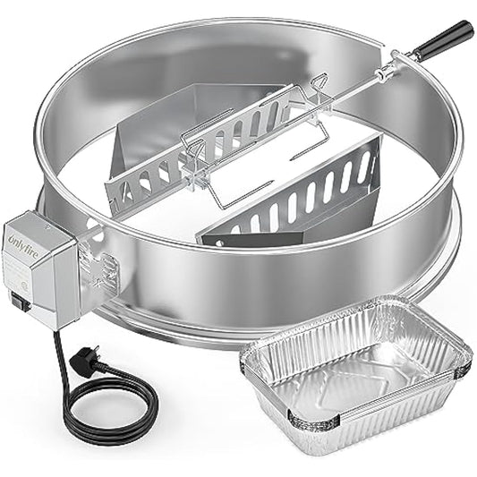 onlyfire BRK-6110 Upgrade Stainless Steel Rotisserie Ring Kit Fits Weber 22-inch Kettle Charcoal Grills,With 2-Pack Charcoal Baskets and 10-Pack Drip Pans,Fits Most Others 57 CM Kettle Grill