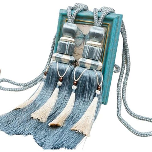 1 Pair Curtain Tiebacks Holdbacks Clip Binding Rope Tie Backs Handmade Tassel Tiebacks Home Window Decorative (Blue2)