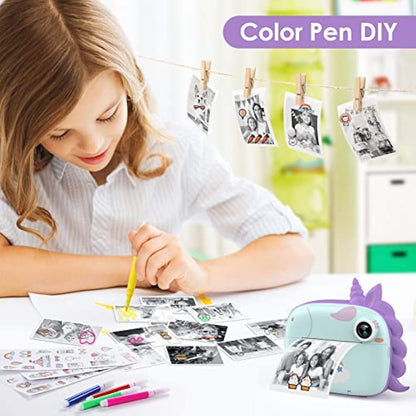 HiMont Kids Camera Instant Print, Digital Camera for Kids with No Ink Print Paper & 32G TF Card, Selfie Video Camera with Color Pens for DIY, Fun Gift for Girls Boys 3-14 Years Old (Green)