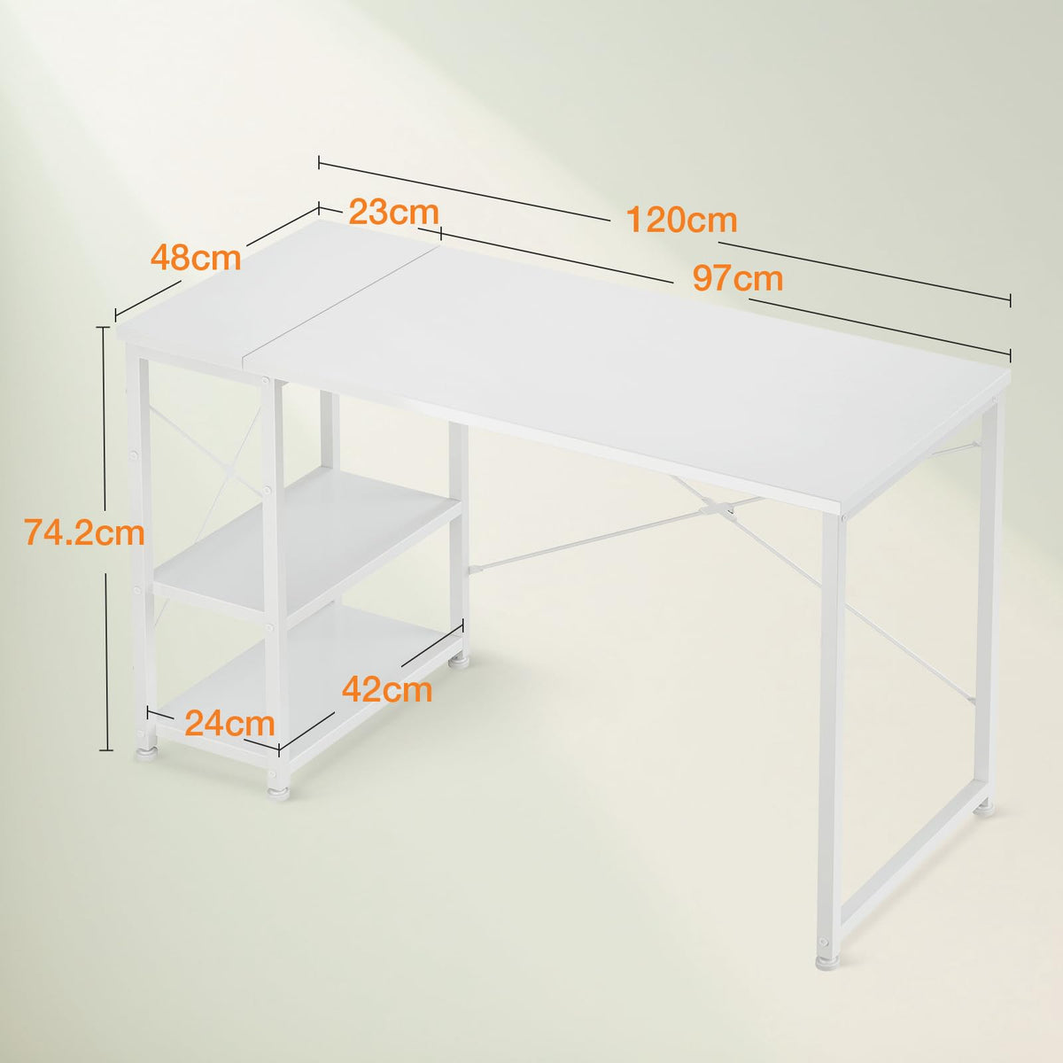 ODK Desk with Storage Shelves, Small Computer Desk, 120 x 48 cm, White