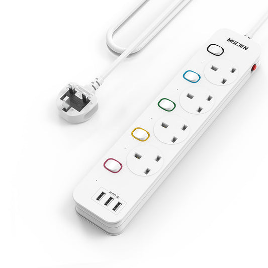 Mscien 4M Extension Lead with USB Slots, 4 Way 3 USB Extension Socket with Individual Switches Mountable Power Strips with 4 Meters Extension cable