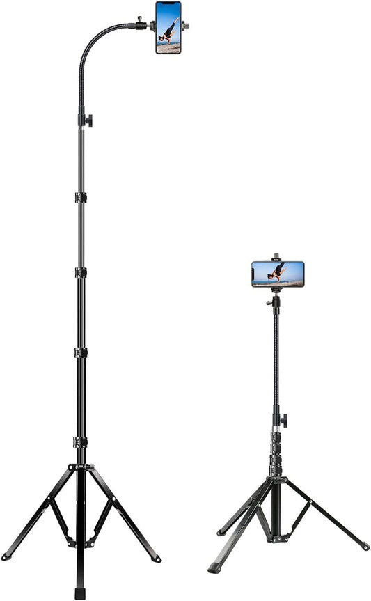 Elitehood 81-inch/205cm Tall Tripod for iPhone and Android, Flexible Phone Stand with 43cm Adjustable Gooseneck, Heavy Duty Metal Tripod for iPhone 14