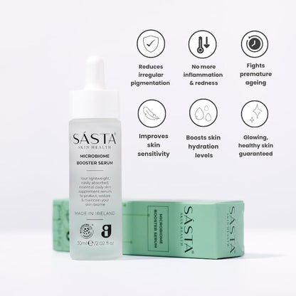 Sásta Microbiome Booster Serum – Prebiotic & Postbiotic Face Serum for Skin Barrier Repair, Hydration, & Anti-Redness, Suitable for All Skin Types 30ml