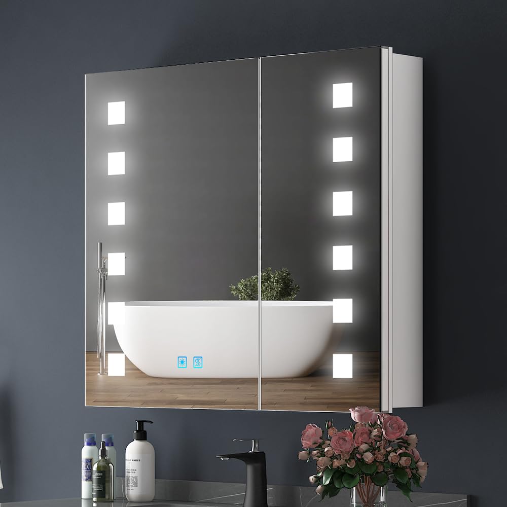 Quavikey?LED Bathroom Mirror Cabinet With Shaver Socket and Overhead Interior Lighting Illuminated Bathroom Cabinets With Mirror 3 Color