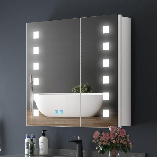 Quavikey?LED Bathroom Mirror Cabinet With Shaver Socket and Overhead Interior Lighting Illuminated Bathroom Cabinets With Mirror 3 Color