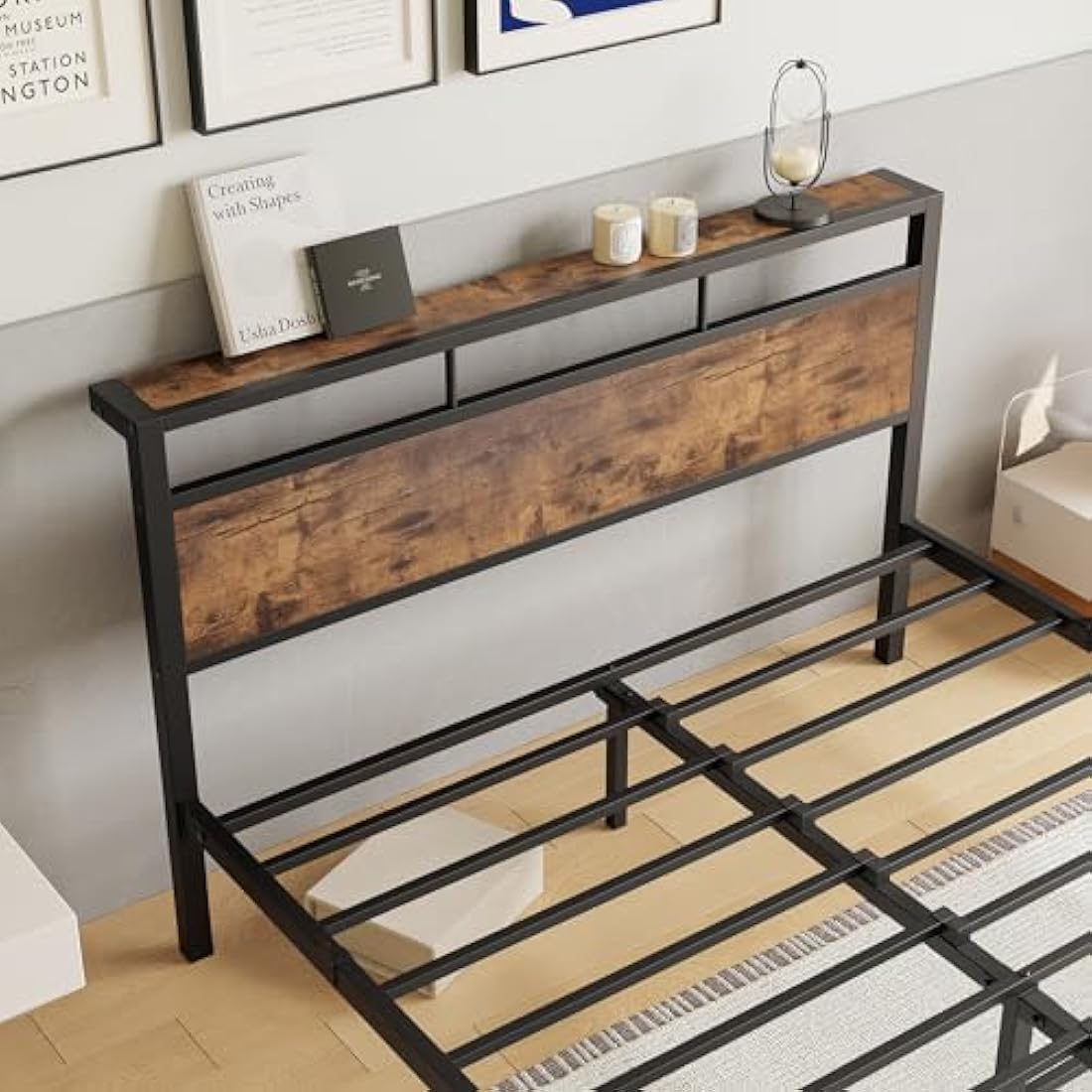JELUTE Double Bed Frame with Wooden Storage Shelf Headboard, Metal Platform Bed Frame, No Box Spring Needed, Noise Free, Reinforced Strong Support Leg, Black