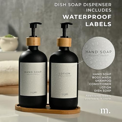 MaisoNovo Bathroom Soap and Lotion Dispenser Set of 3, 500ml Black Soap Dispenser Bamboo Pumps With Labels and Bamboo Tray