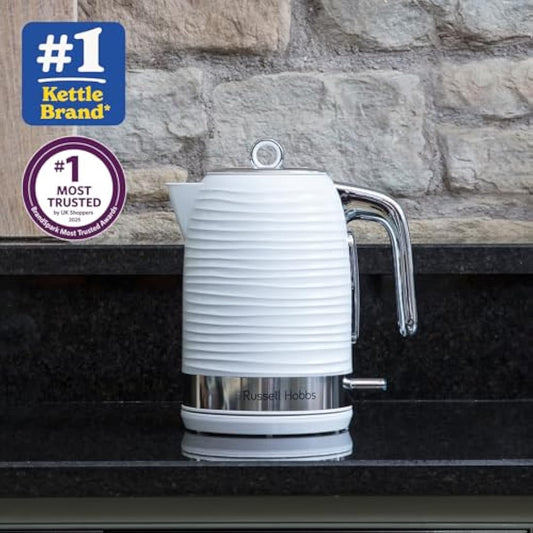 Russell Hobbs Inspire Electric 1.7L Cordless Kettle (Fast Boil 3KW, White premium textured plastic, high gloss finish, Removable washable anti-scale filter, Pull off lid, Perfect pour spout) 24360