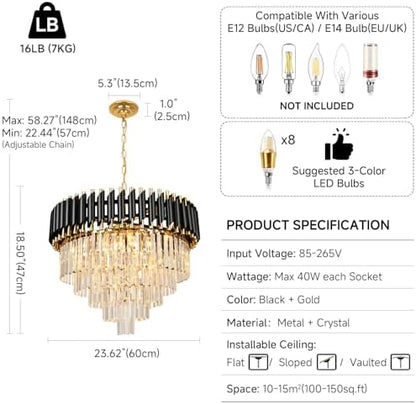 AOOCHOK Black and Gold Crystal Chandelier Pendant Light, Round Modern Crystal Chandelier for Dining Room, Living Room, Bedroom, Restaurant, E14 x 8, Φ60cm