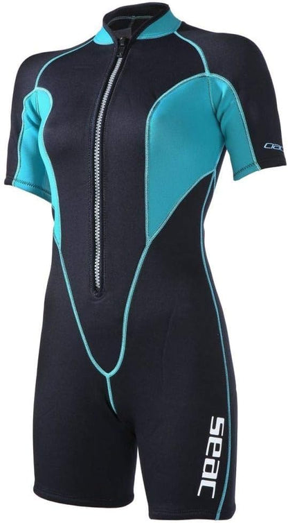SEAC Women's Lady Ciao Women s Shorty Suit 2 5 mm Neoprene for Snorkelling Scuba Diving and Other Water Activi, Black/Light Blue, XXL UK