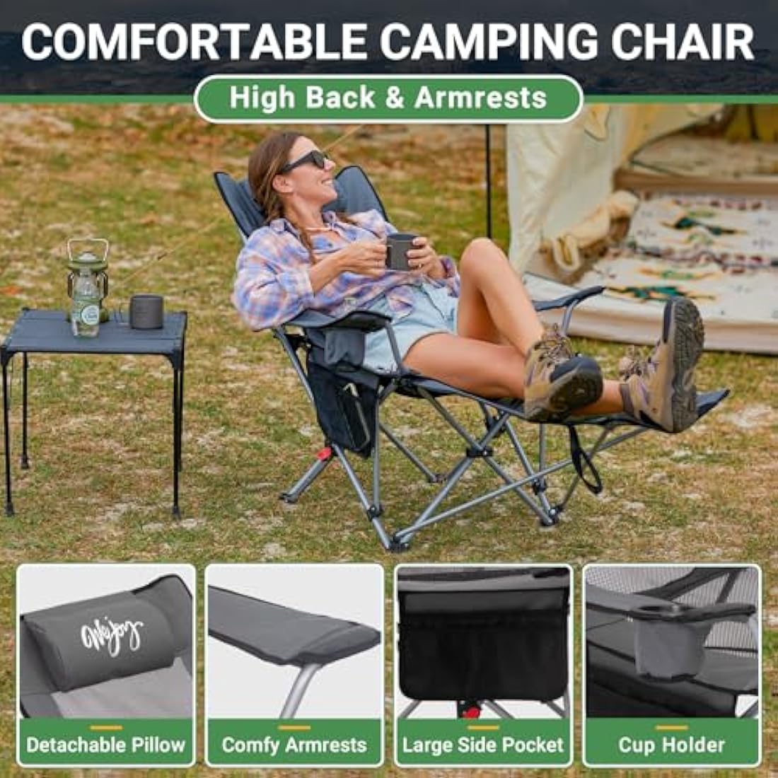 #WEJOY Camping Chairs Folding Recliner Chair Adjustable with Detachable Footrest Headrest Cup Holder Portable Reclining Camp Chair Fold Up Chair for Outdoor Beach Garden,Grey black Set of 2