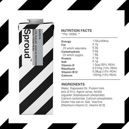 SPROUD - Plant-Based Milk, Low Sugar, Low Carb, High Protein, Long Life, Powered by Peas, Rich, Foamy and Easy to Froth (Barista) (6 x 1L)
