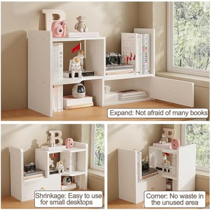 NUODWELL Expandable Desktop Bookshelf, Freestanding Adjustable Office Storage Rack Desk Tidy Organiser Countertop Bookcase for Office & Home (White)