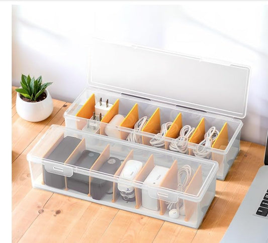 PAVSTINE Cable Management Box with Lid, 7 Compartment Data Tidy, Plastic Storage Box for Charger Organiser, Desk Wire Tidy, Transparent