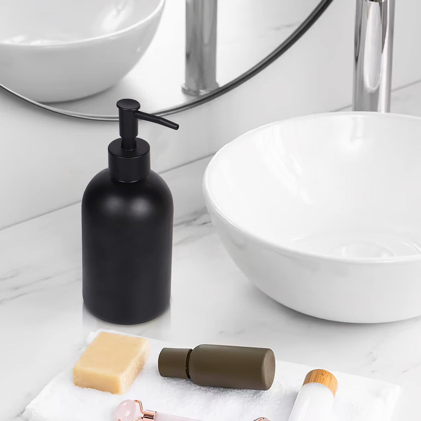 Topsky Glass Soap Dispenser with Rustproof Plastic Pump, 410ml Black