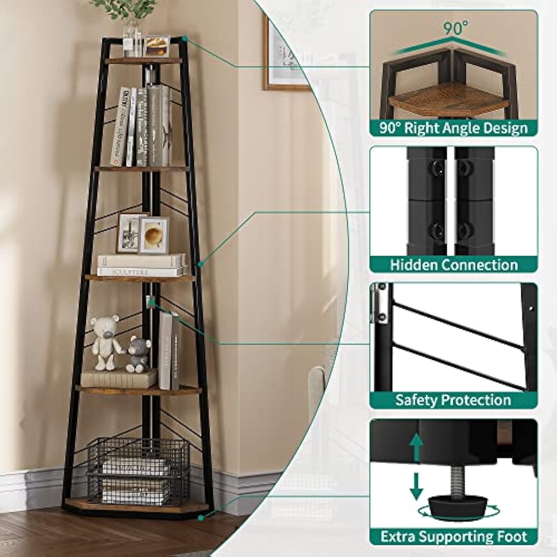YITAHOME Corner Shelf 5 Tiers, Industrial Bookshelf Modern Floorstanding Corner Bookcase Ladder Shelf Wooden Open Display Shelving Unit for Living Room, Hallway, Home Office, Rustic Brown Book shelf