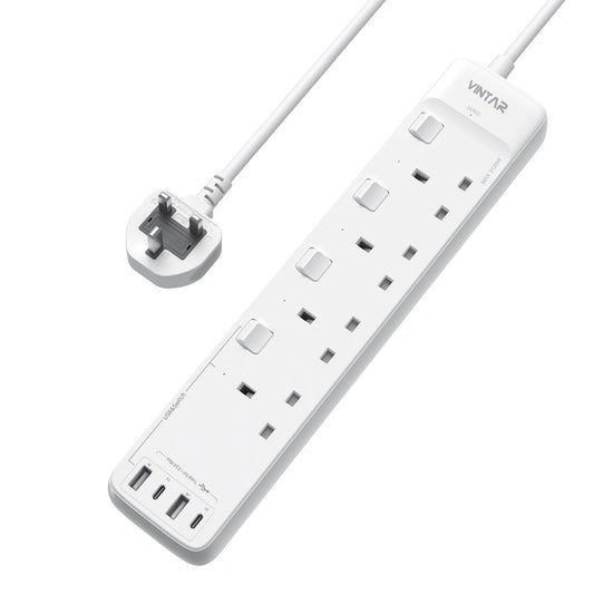 VINTAR Extension Lead with USB Slots, 4 Way Sockets with 2USB and 2USB-C Ports, Mountable Surge Protected Extension Lead with Individual Switches,