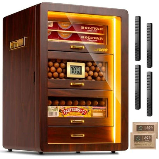 Desktop Humidor Cabinet Triple-Sided Light with Digital Hygrometer, Humidifier and Humidity Packs. 4 Ceder Wood Drawers, Humidor Box can Hold 200 Cigars. Present for Men