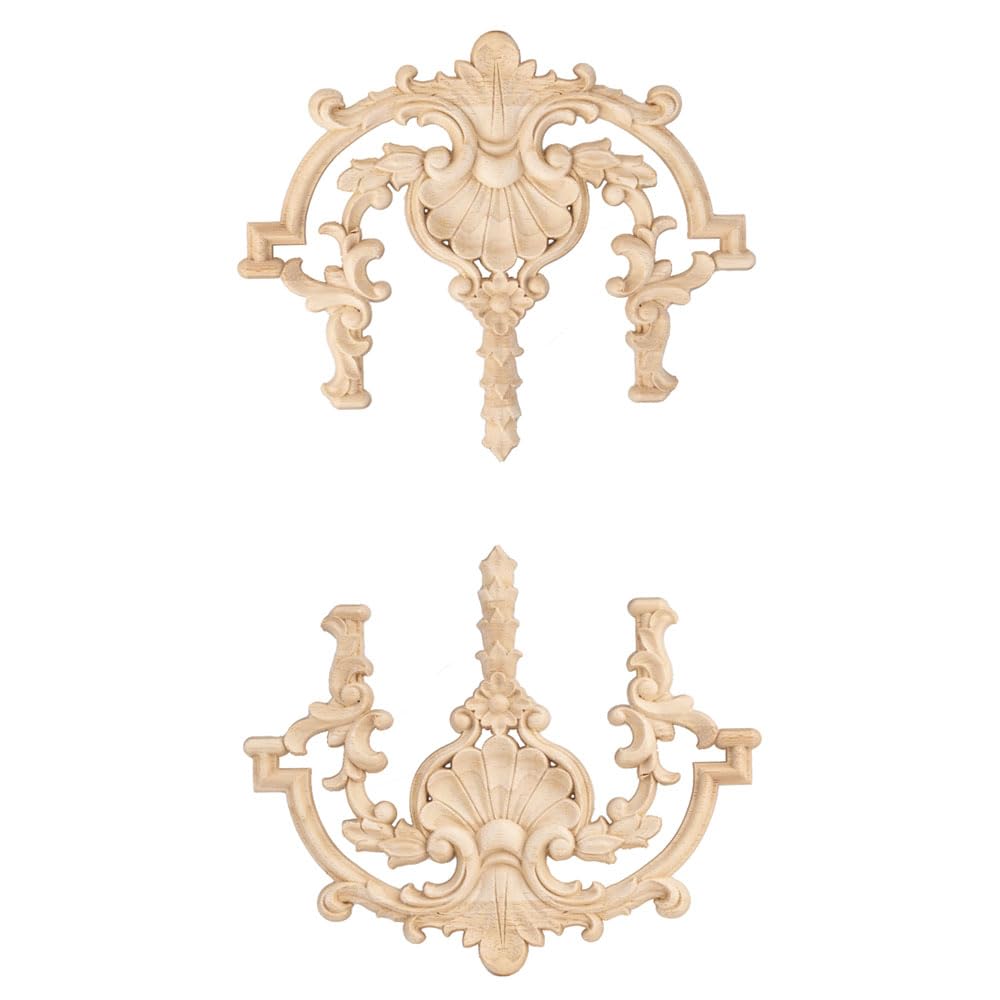 2 Pack Decorative Wood Carved Appliques Onlays, 24 x 20cm Unpainted Solid Wood Carving Decal for Furniture Cabinet Door Center Bed Mirror Dressers