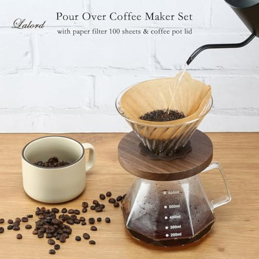 Lalord Pour Over Coffee Maker, 600 ml Borosilicate Glass Carafe with 100 pcs Size 02 Paper Filter, Walnut Handle, Drip Coffee Maker for Home Café Restaurant Camping, Hold 3 Cups