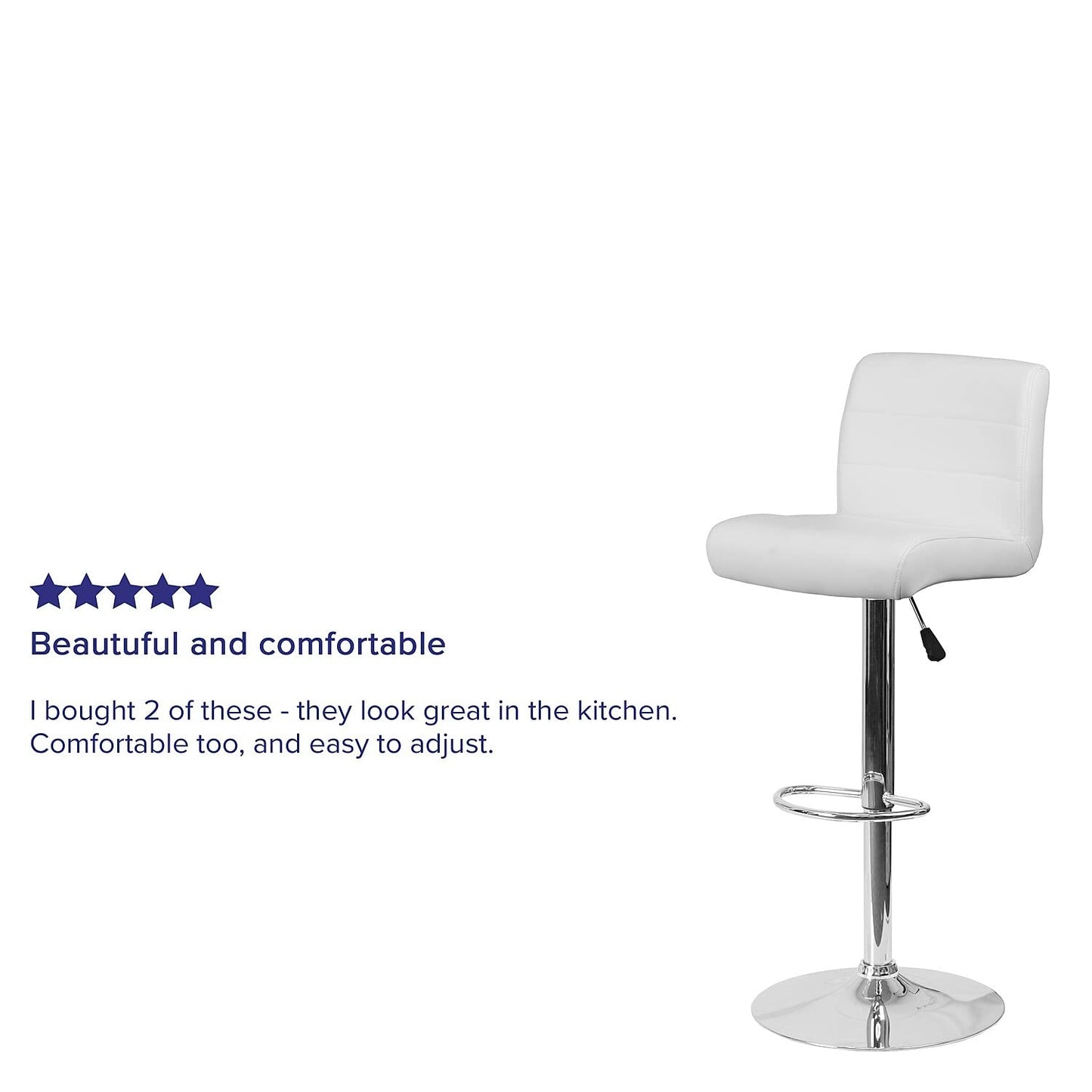 Flash Furniture Marietta 2 Pack Contemporary White Vinyl Adjustable Height Barstool with Rolled Seat and Chrome Base