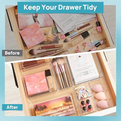 Vtopmart 28 PCS Clear Plastic Drawer Organizers Set, 4-Size Bathroom and Vanity Drawer Organizer Trays, Acrylic Storage Bins for Makeup, Cosmetic, Kitchen Utensils