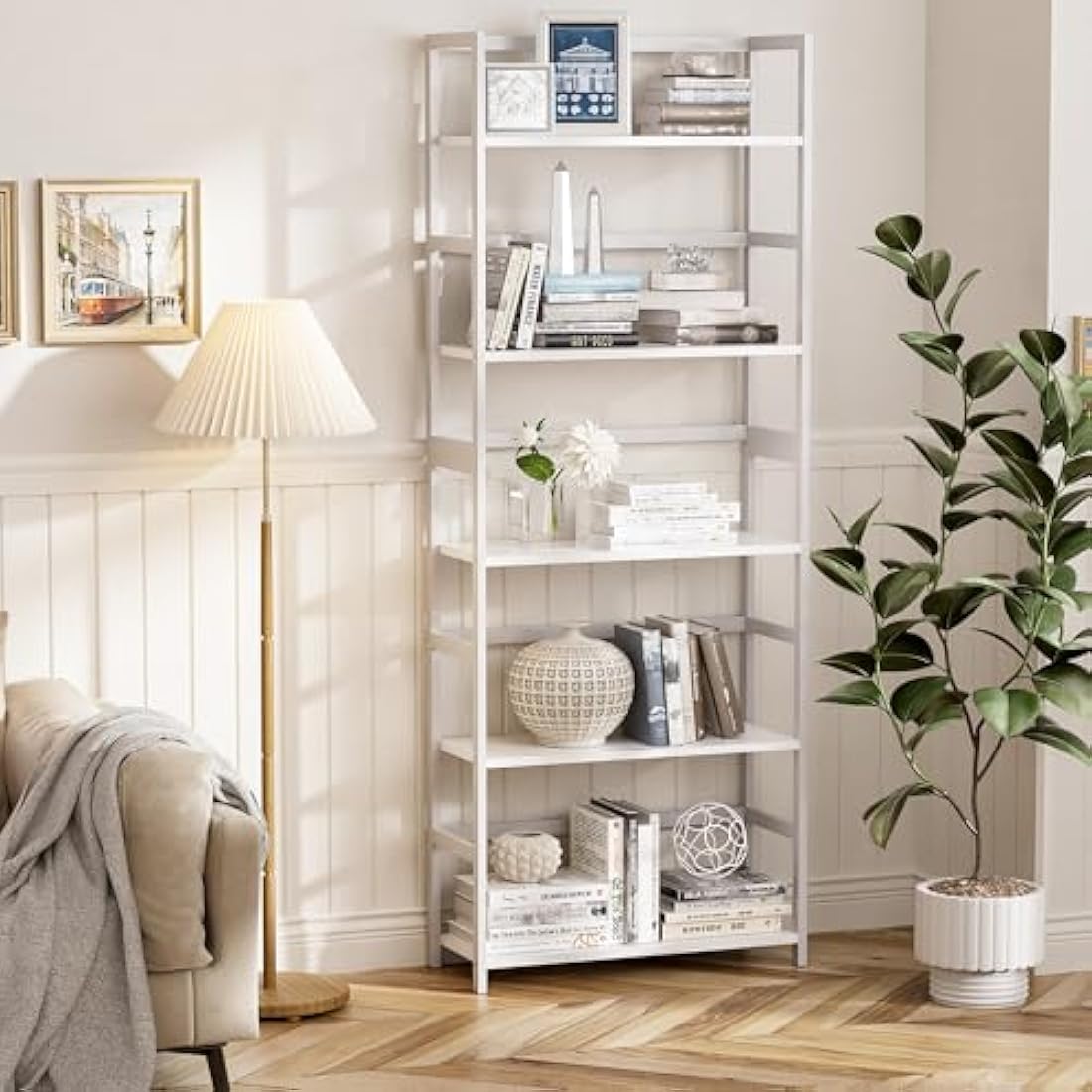 vovala 5-Tier Bookshelf, Industrial Bookcase with Bamboo Frame, Modern Display Standing Shelf Unit, Tall Wood Storage Organizer for Living Room, Home Office, White
