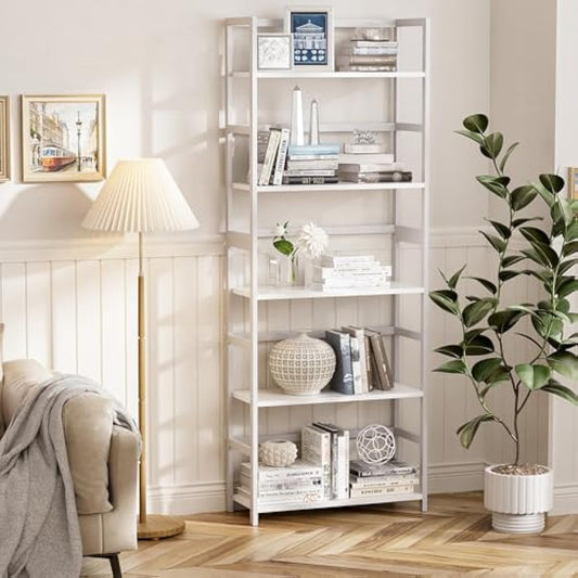 vovala 5-Tier Bookshelf, Industrial Bookcase with Bamboo Frame, Modern Display Standing Shelf Unit, Tall Wood Storage Organizer for Living Room, Home Office, White