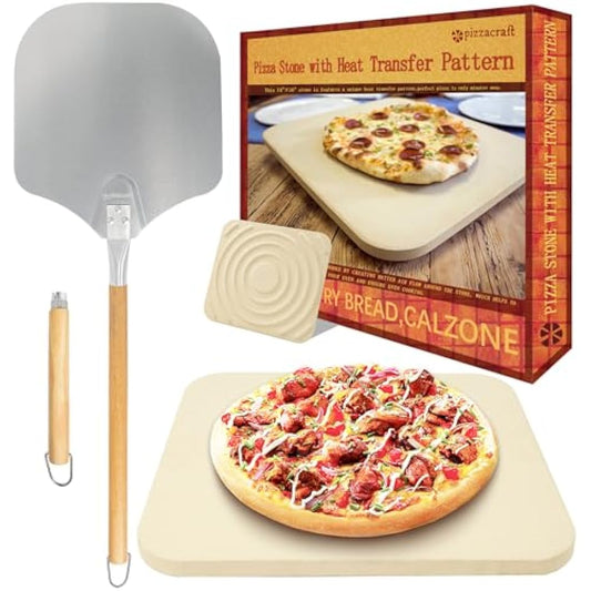 Pizza Stone and Peel Set -Bread Baking Stone （35X40CM） for ORectangular Stone for Oven and Grill–Innovative Threaded Heat Transfer Design