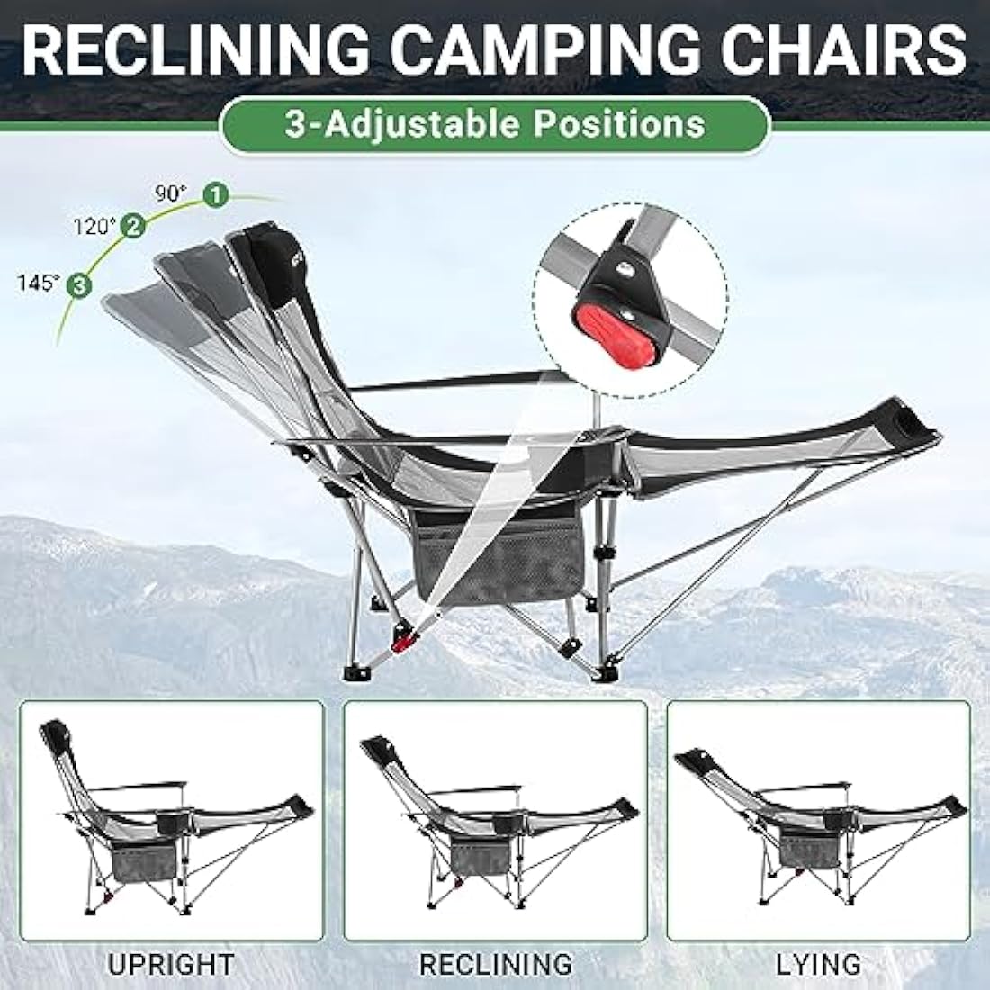 #WEJOY Camping Chairs Folding Recliner Chair Adjustable with Detachable Footrest Headrest Cup Holder Lightweight Portable Reclining Camp Chair Fold Up Chair for Outdoor Beach Garden, Black Set of 2